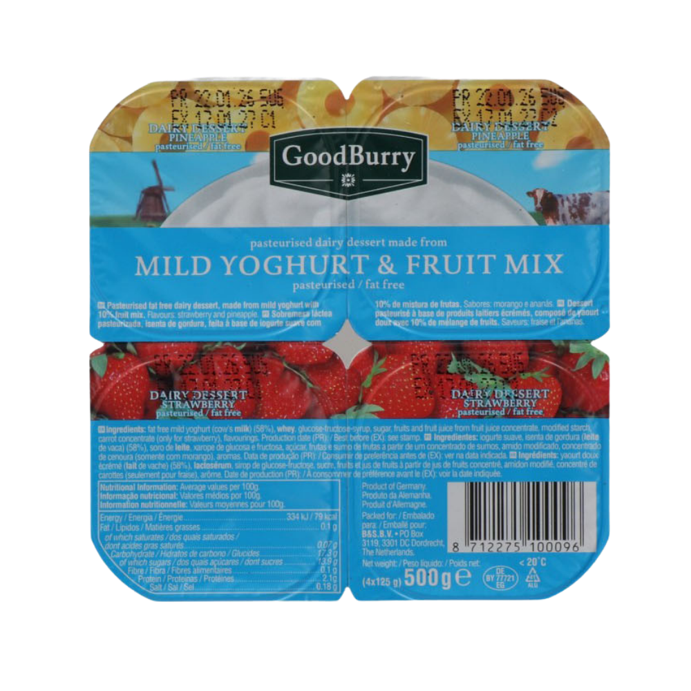 Product Fruit Yogurt GoodBurry Pineapple/Raspberry/Strawberry/Peach 0,1% 125g Image
