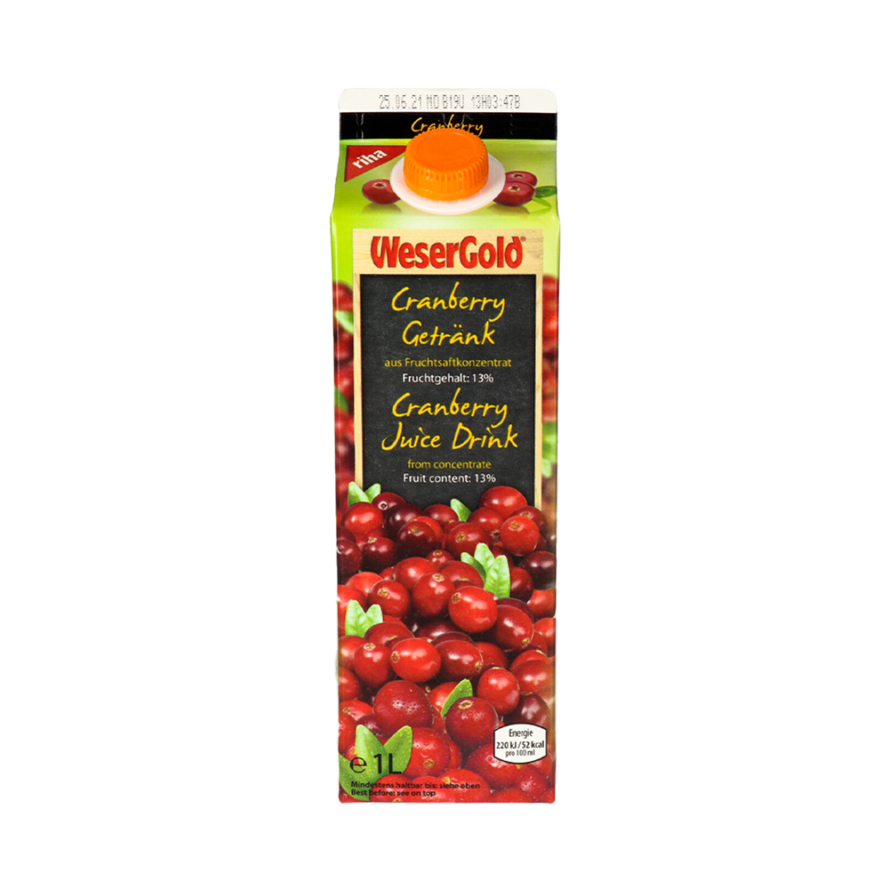 Product Juice Cranberry Wesergold 13% Fruit Drink Recap 1L Image