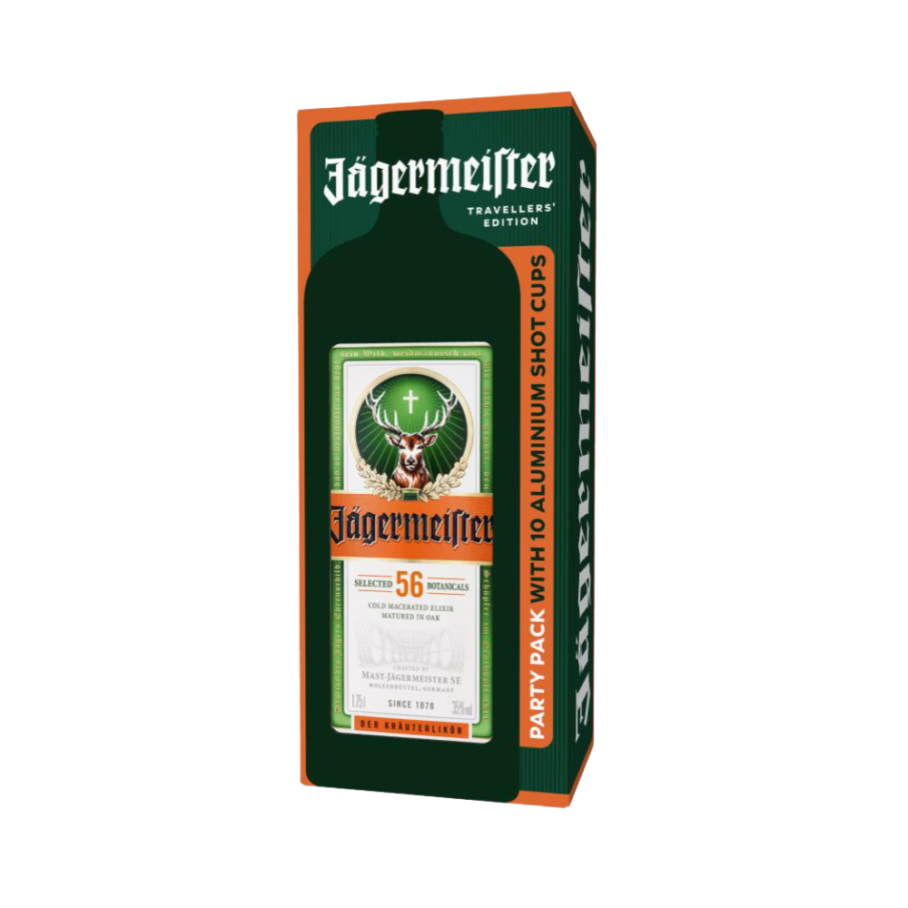 Product Jagermeister Liqueur Travellers' Exclusive Party Pack + 10 Shot Glasses 1,75L Image